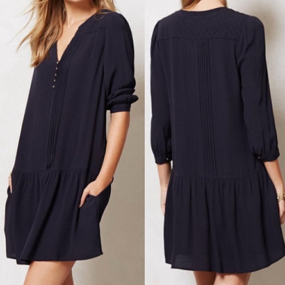 Maeve by Anthropologie Galina Drop Waist Dress Navy Blue XS